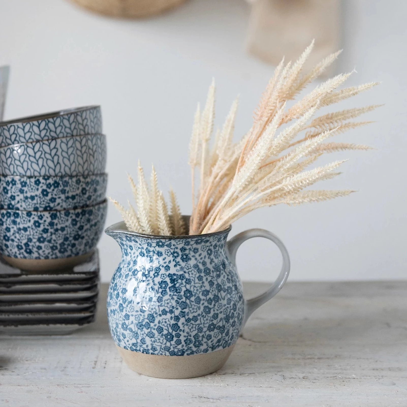 Floral Hand-Painted Stoneware Pitcher